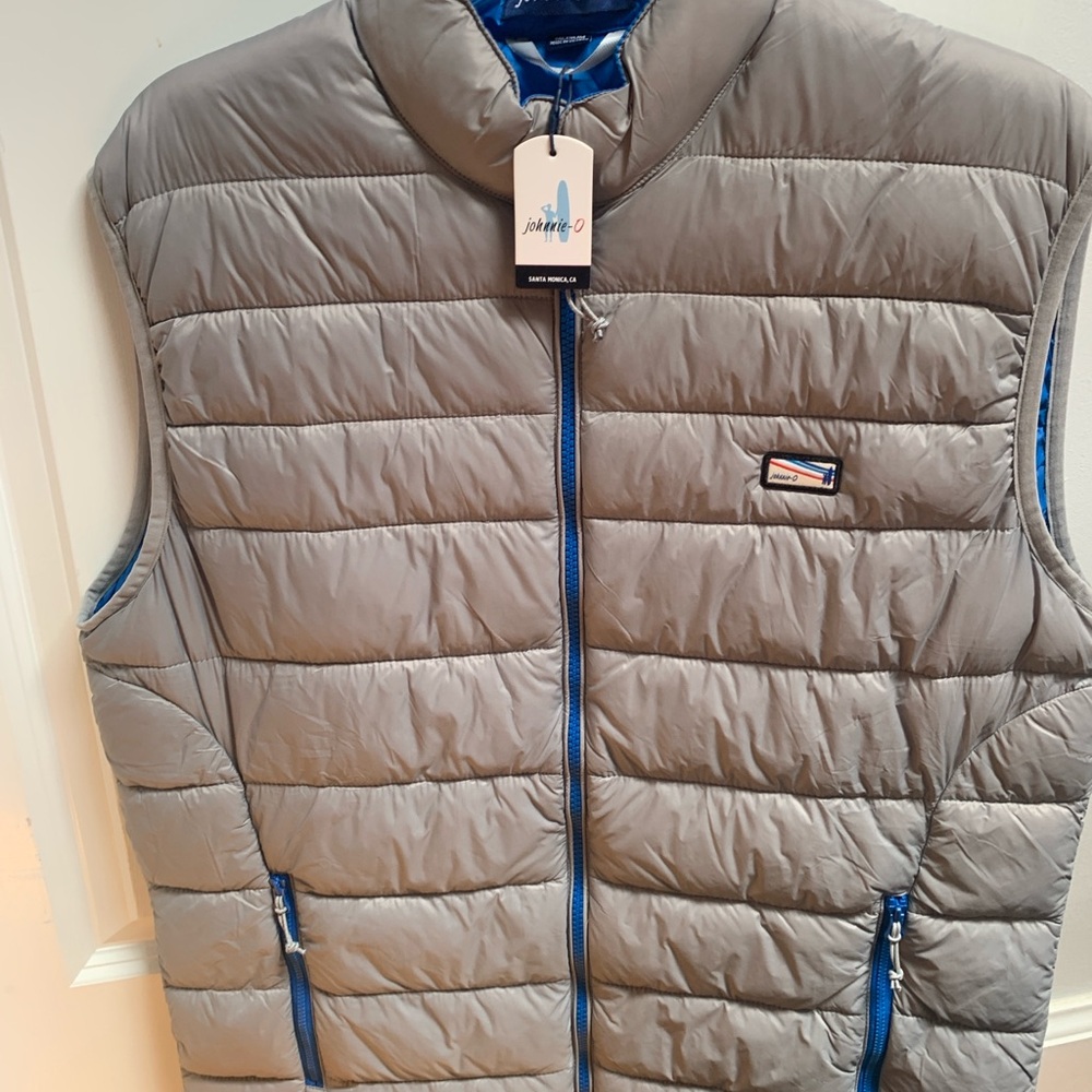 johnnie-O Gray Quilted Puffer Vest with Blue Trim